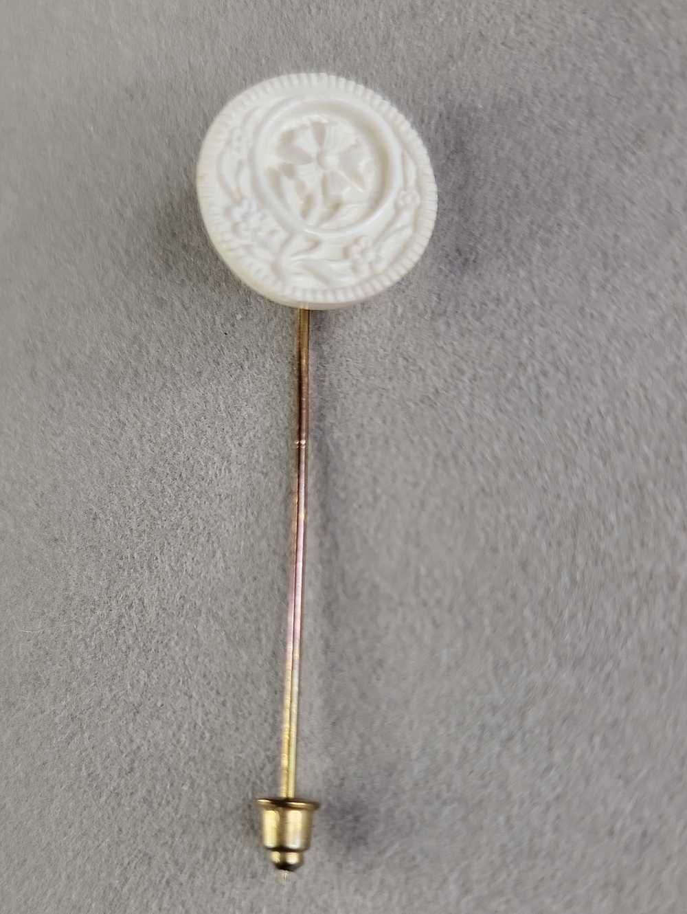 Vintage Carved Celluloid White Floral Stick Pin Lapel Pin